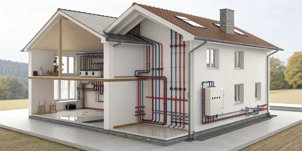 Cutaway of a house showing a complete PEX repiping with red and blue pipes.