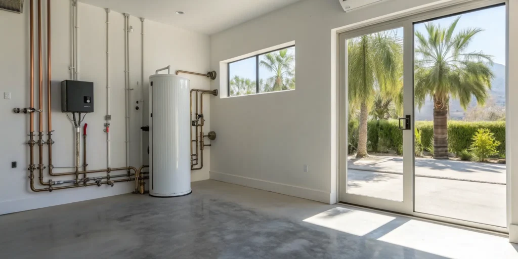 A modern water heater in an Inland Empire home needing repair.