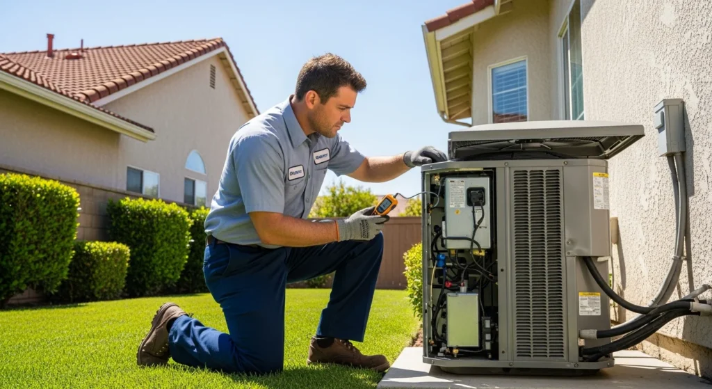 HVAC technician inspecting outdoor AC condenser unit - ac blowing hot air troubleshooting