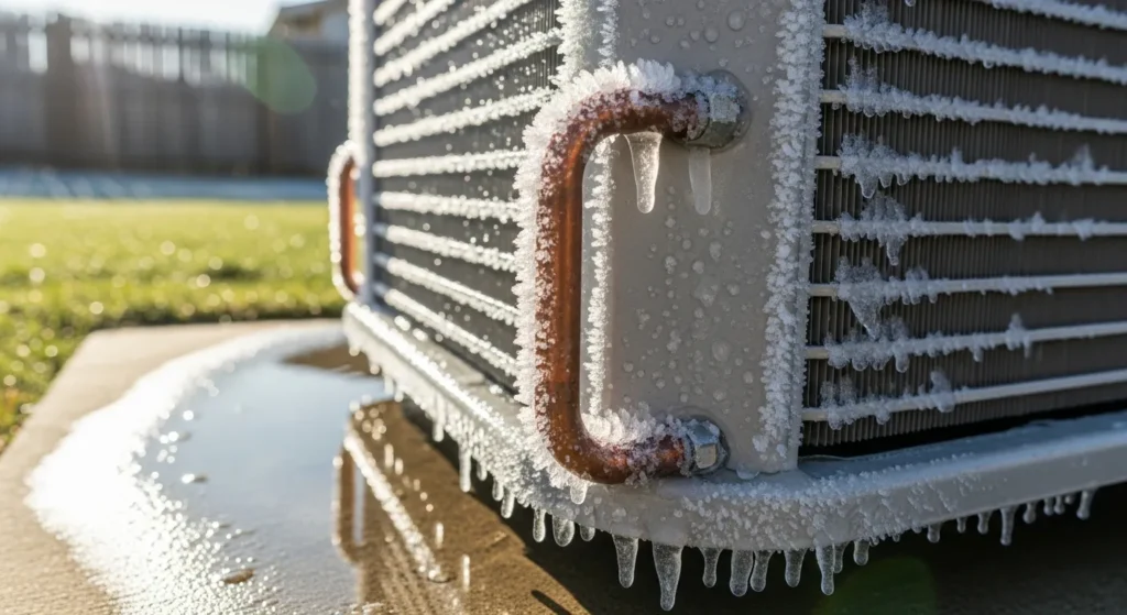 Frozen AC unit with ice buildup on copper refrigerant lines and evaporator coil, a sign the AC is freezing up