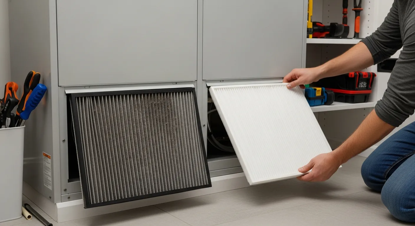 Homeowner replacing a dirty air filter to fix and prevent a frozen AC unit