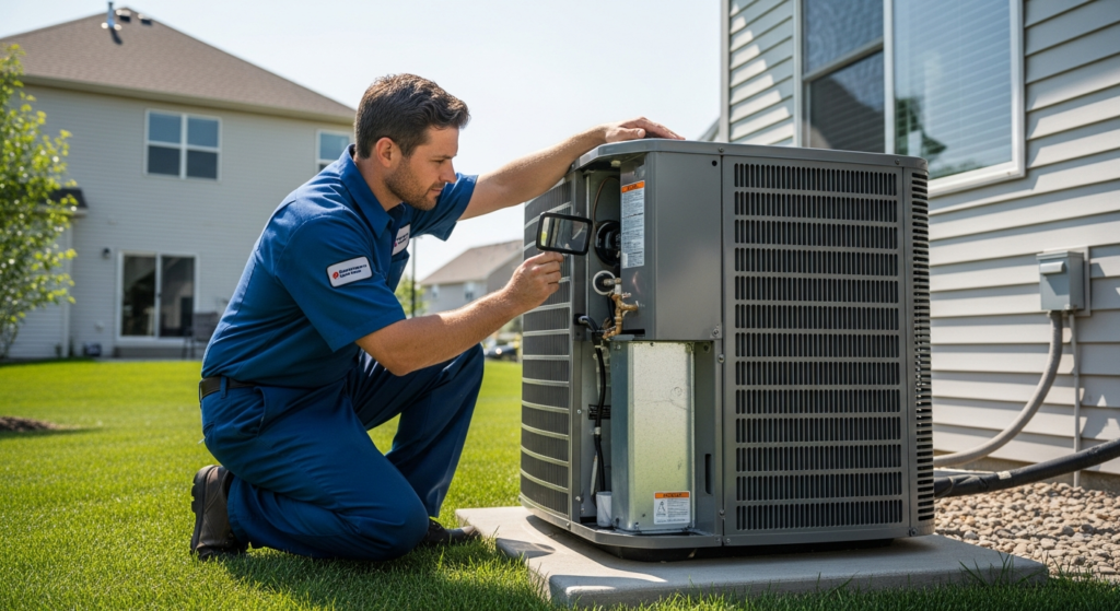 HVAC technician performing air conditioning maintenance on an outdoor AC unit at a residential home in Orange County