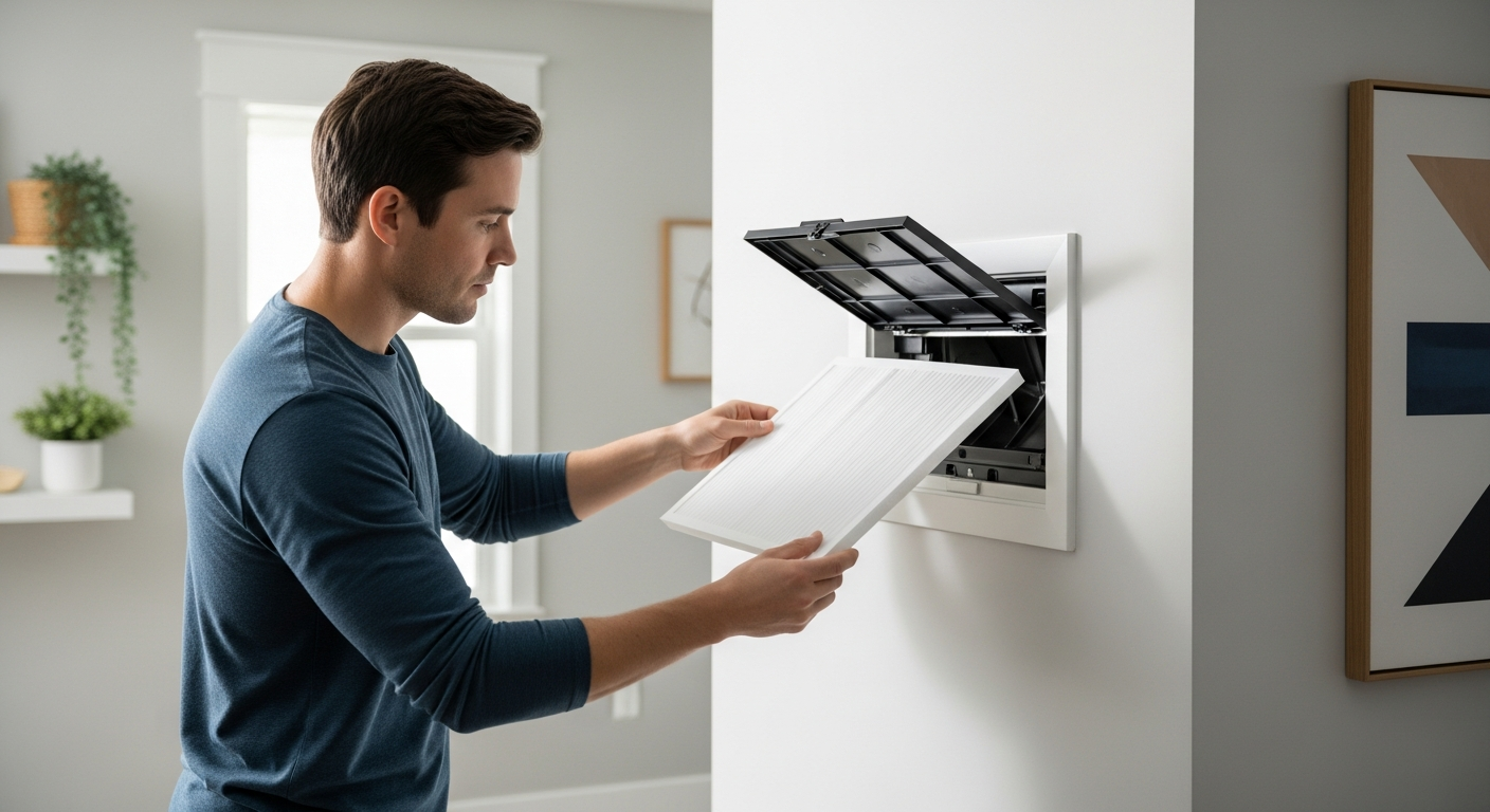 Homeowner changing an HVAC air filter as part of a regular AC maintenance checklist