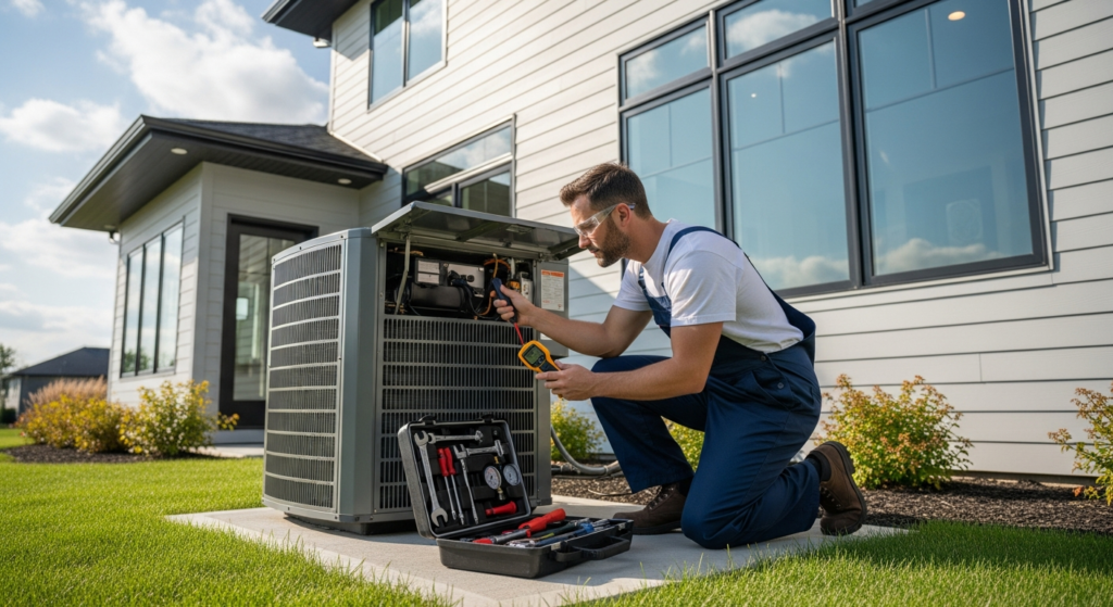 HVAC technician inspecting an air conditioning unit that is not blowing cold air