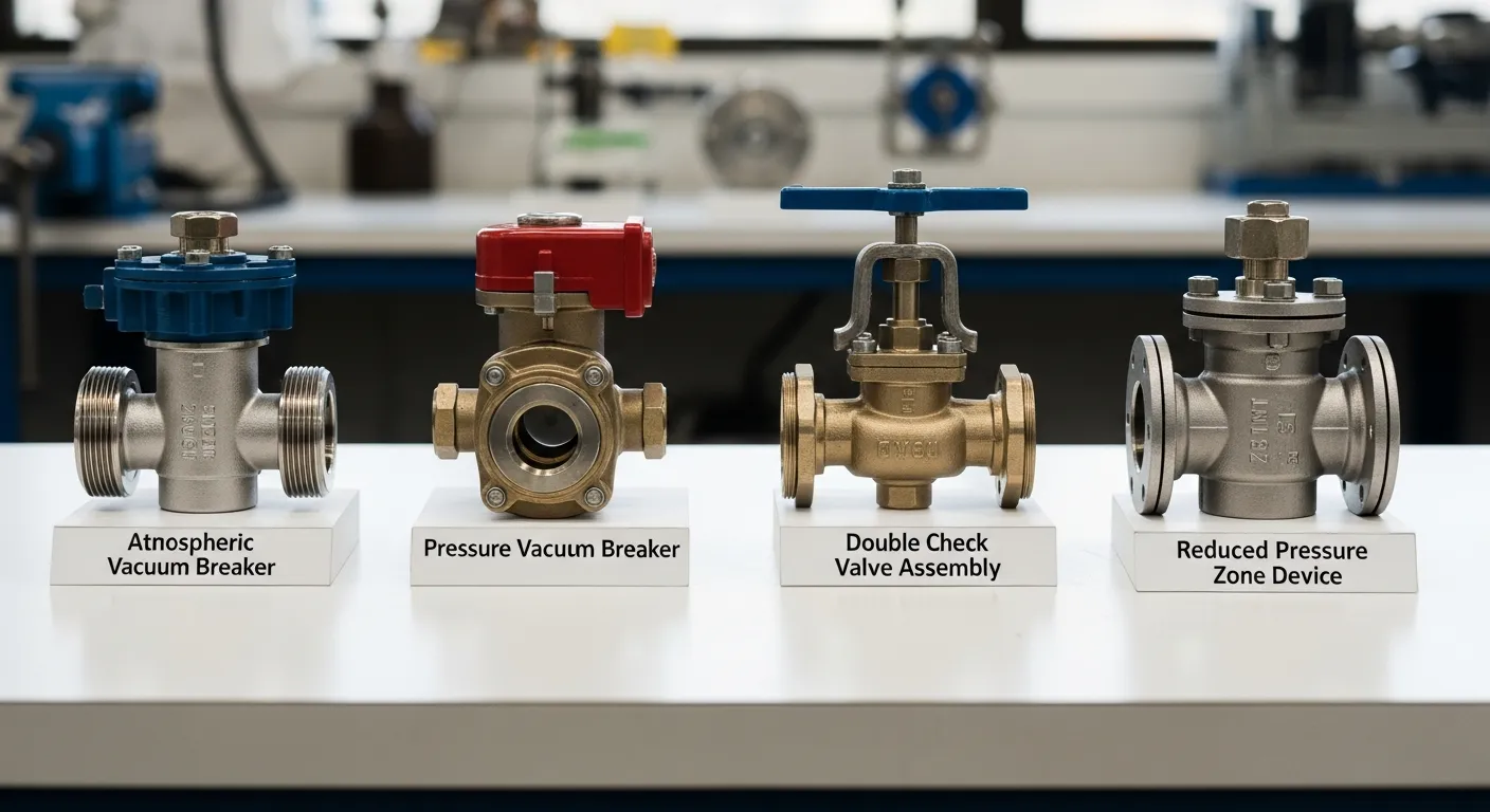 Different types of backflow prevention devices including atmospheric vacuum breaker, pressure vacuum breaker, and reduced pressure zone assembly