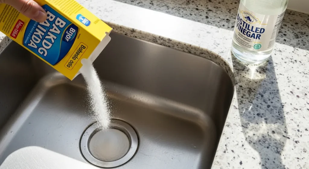 Baking soda being poured into a kitchen sink drain with vinegar bottle nearby for natural drain cleaning