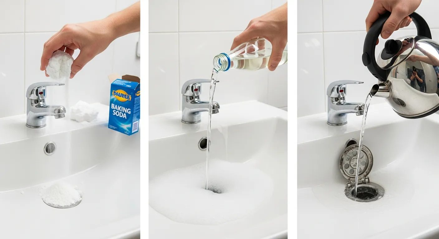 Step-by-step process of unclogging a drain with baking soda and vinegar showing fizzing action