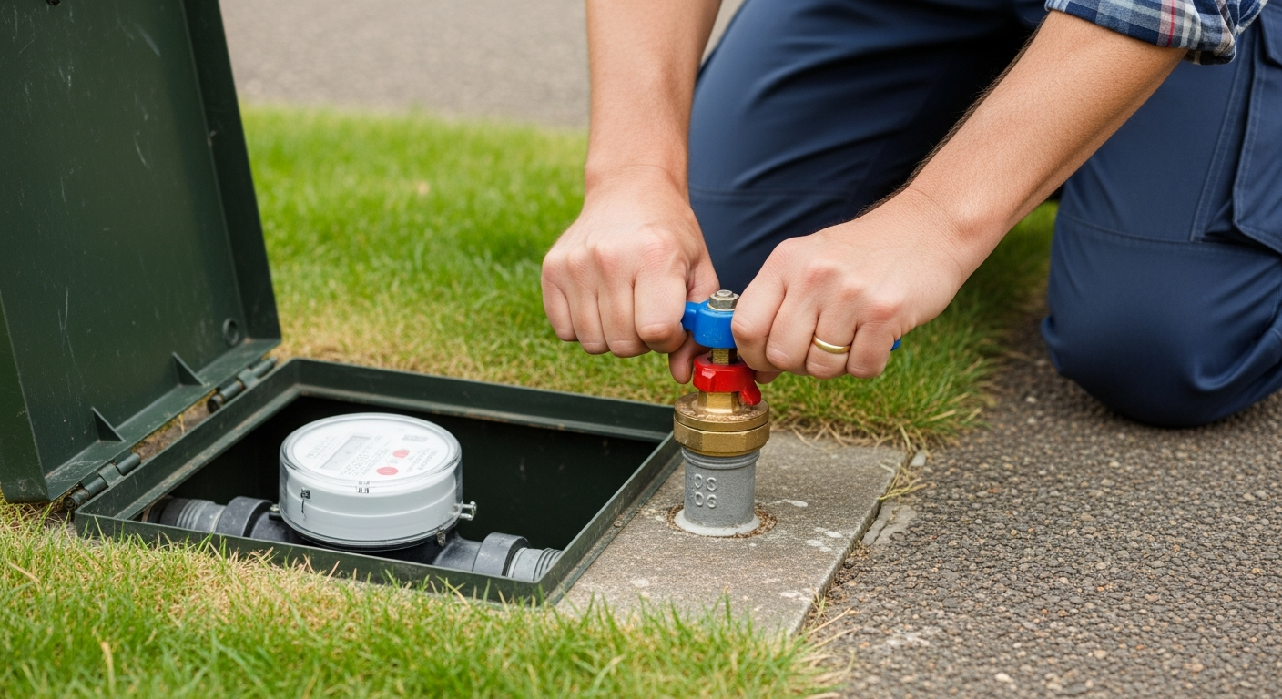 Homeowner turning the main water shut-off valve during a burst pipe emergency