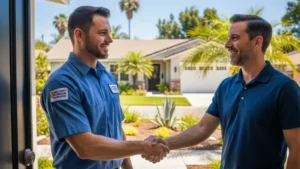 Homeowner shaking hands with a licensed plumber in Orange County