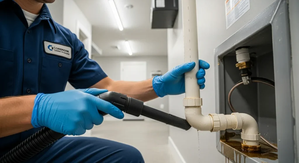 HVAC technician clearing a clogged AC drain line in a residential home