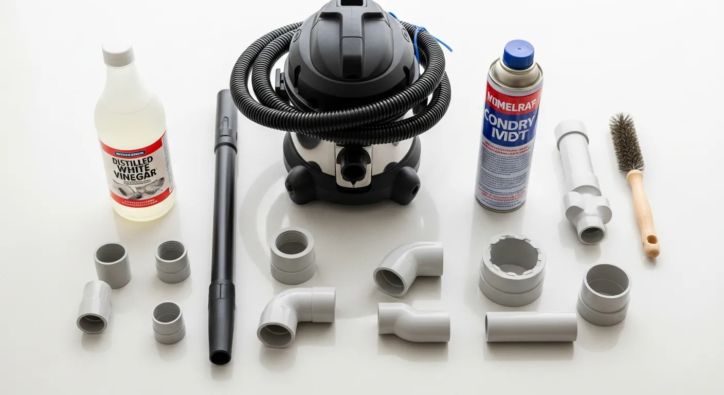 AC condensate drain line cleaning supplies including vinegar and wet vacuum
