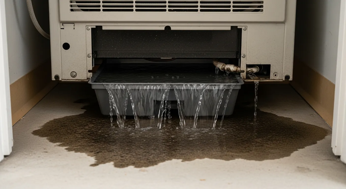 Overflowing AC drip pan caused by a clogged AC condensate drain line