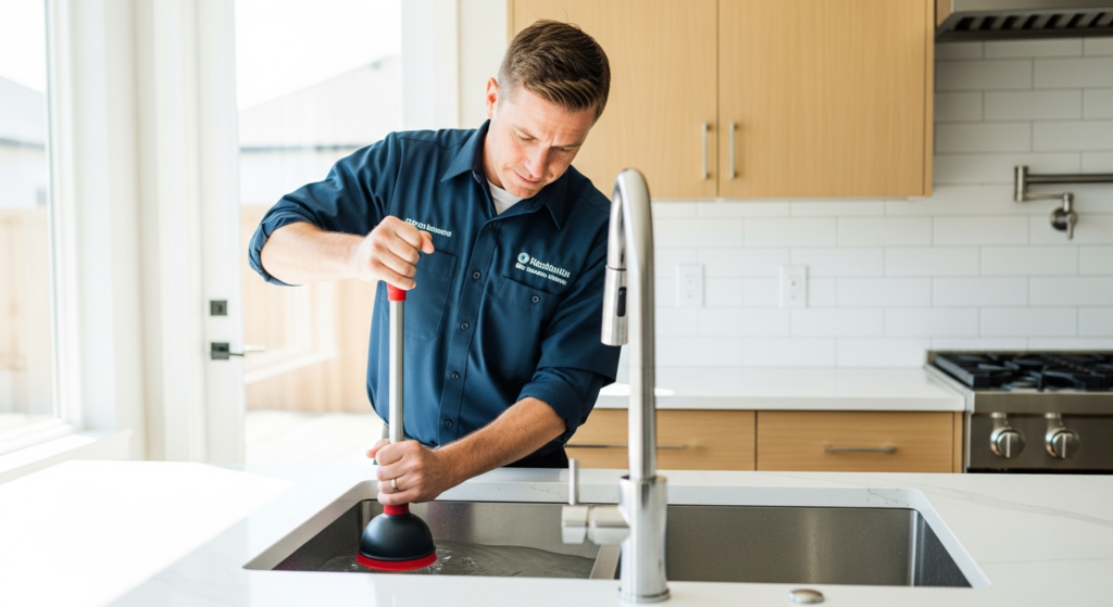 Clogged kitchen sink with standing water in a modern kitchen