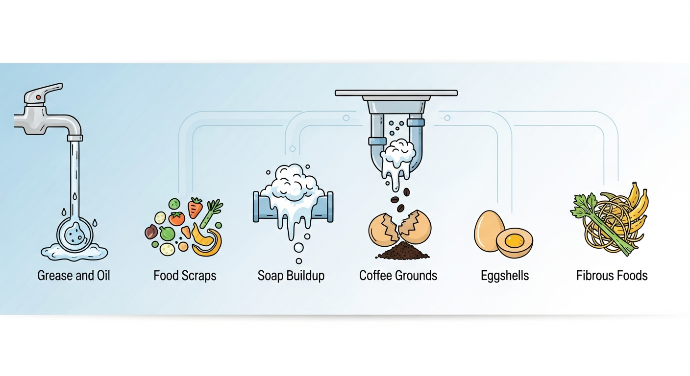 Common causes of kitchen sink clogs including grease, food scraps, coffee grounds, and soap buildup