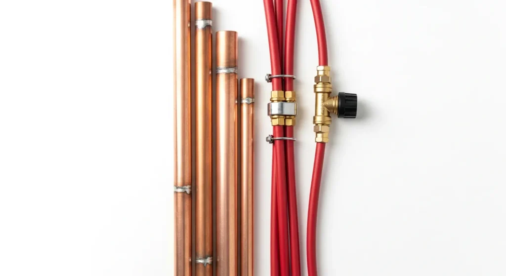 Copper vs PEX piping comparison showing traditional copper pipes and modern red PEX tubing side by side