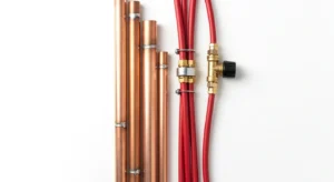 Copper vs PEX piping comparison showing traditional copper pipes and modern red PEX tubing side by side
