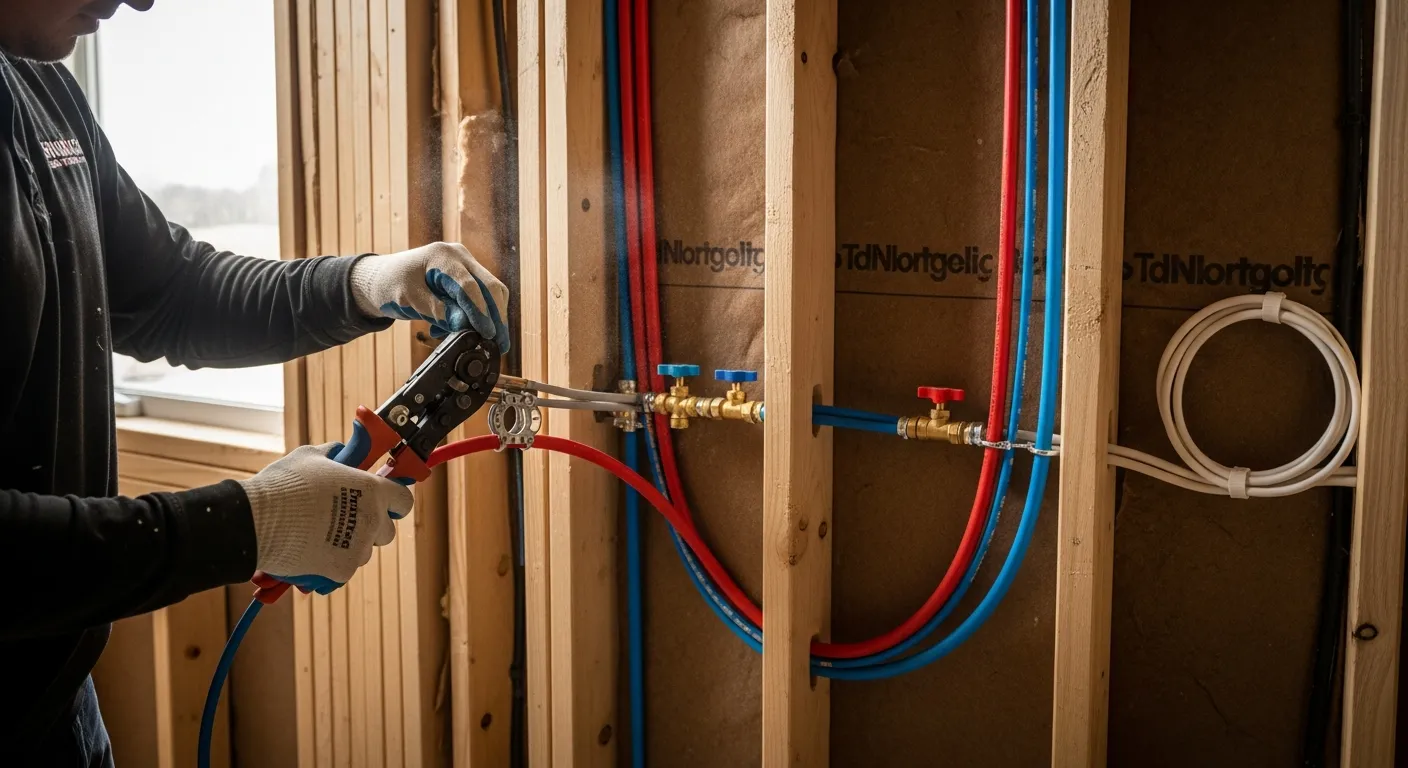 Plumber installing PEX piping with red and blue tubes and brass fittings during a home repiping project