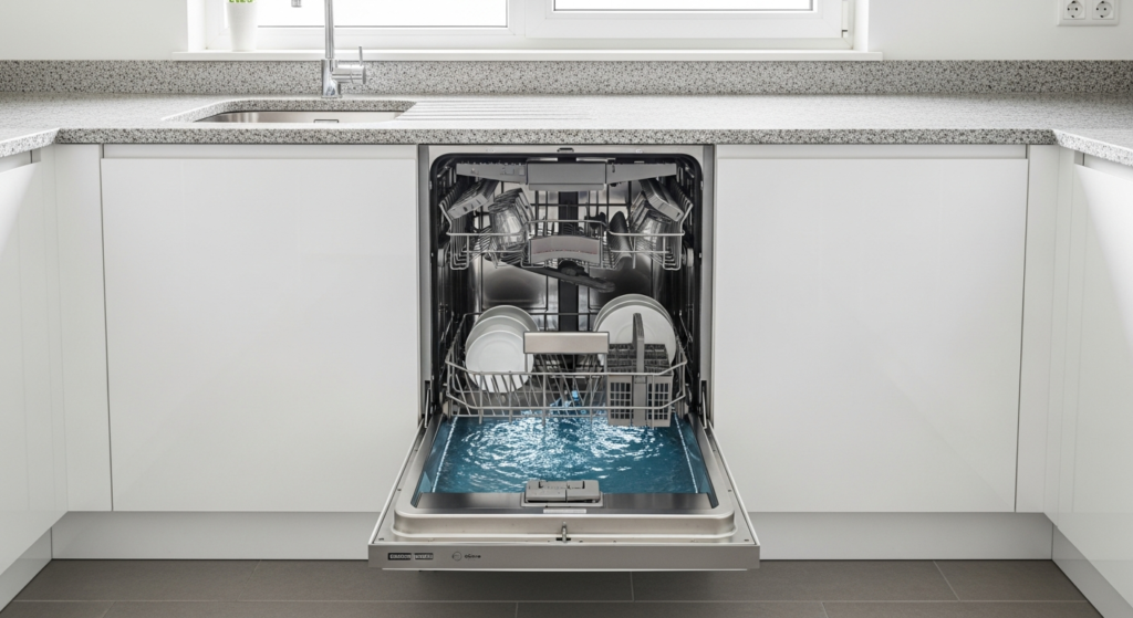 Dishwasher not draining with standing water pooled at the bottom of an open dishwasher in a modern kitchen