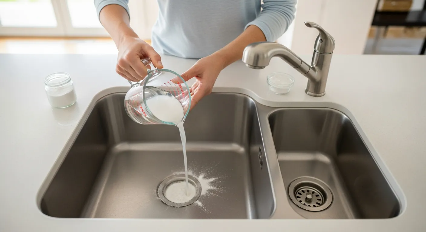 Homeowner pouring vinegar and baking soda down a kitchen drain to remove organic buildup that attracts drain flies