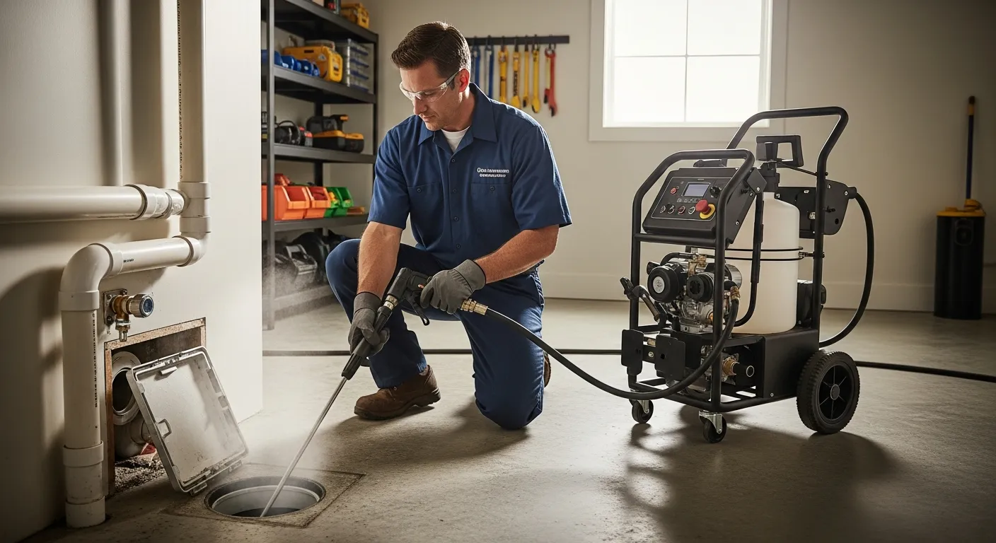 Professional plumber using hydro jetting equipment to clean a residential drain pipe and eliminate drain fly breeding grounds