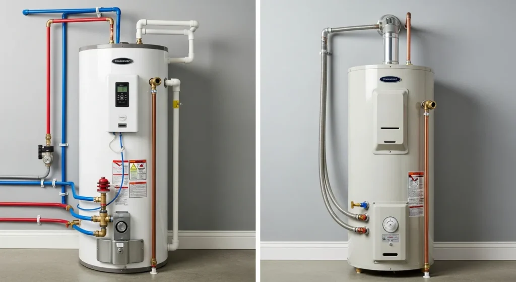 Electric water heater vs gas water heater side by side comparison in a modern utility room