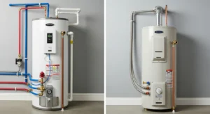 Electric water heater vs gas water heater side by side comparison in a modern utility room