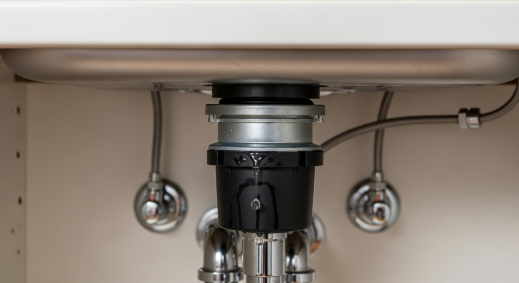 Garbage disposal leaking from the bottom under a kitchen sink