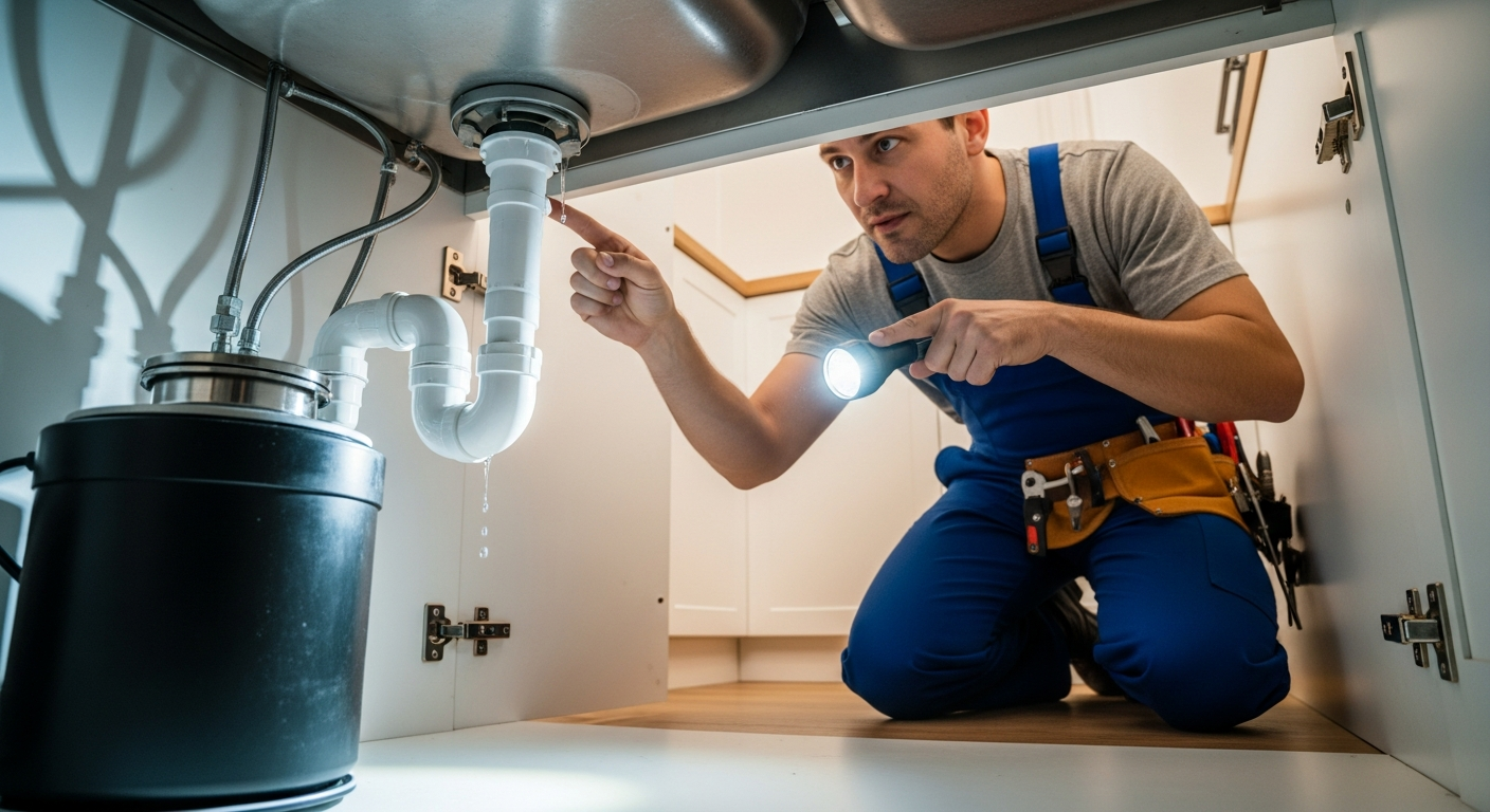 Professional plumber inspecting under-sink plumbing for a garbage disposal leak