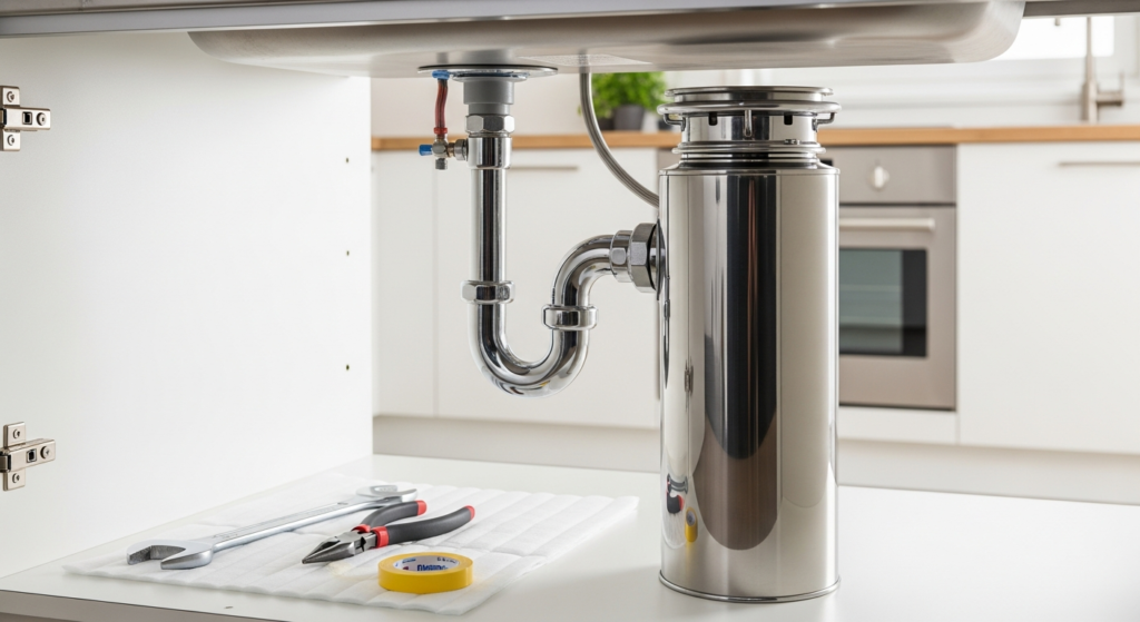 Garbage disposal unit installed under a kitchen sink with plumbing tools