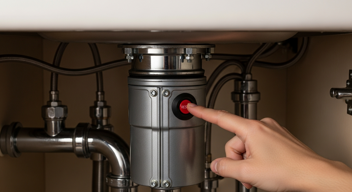 Pressing the reset button on a garbage disposal unit under a kitchen sink