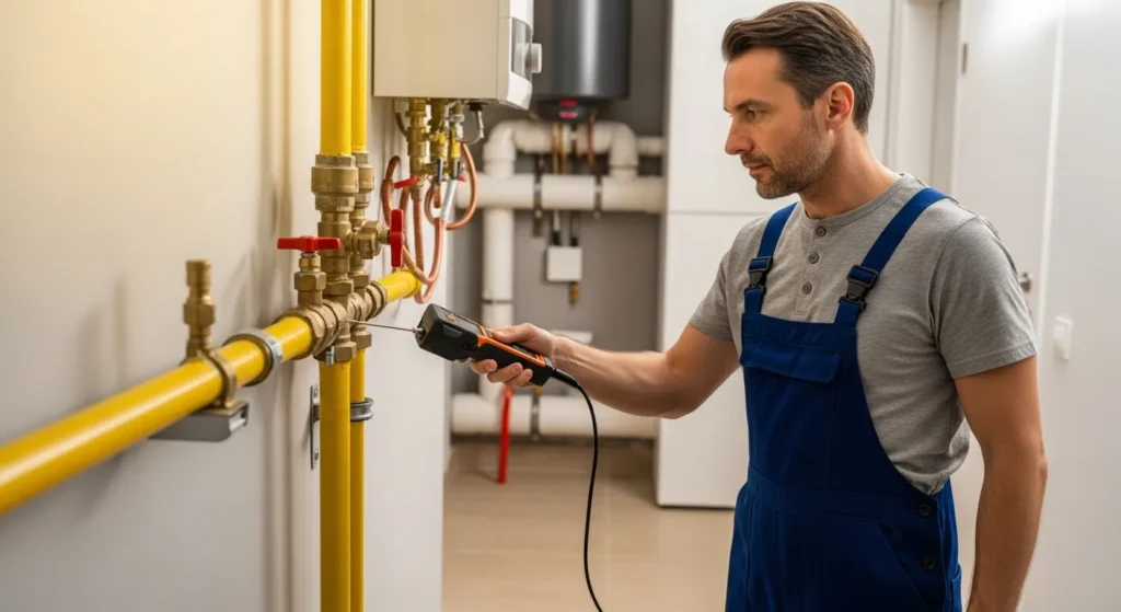 Professional plumber using electronic gas leak detector in a home