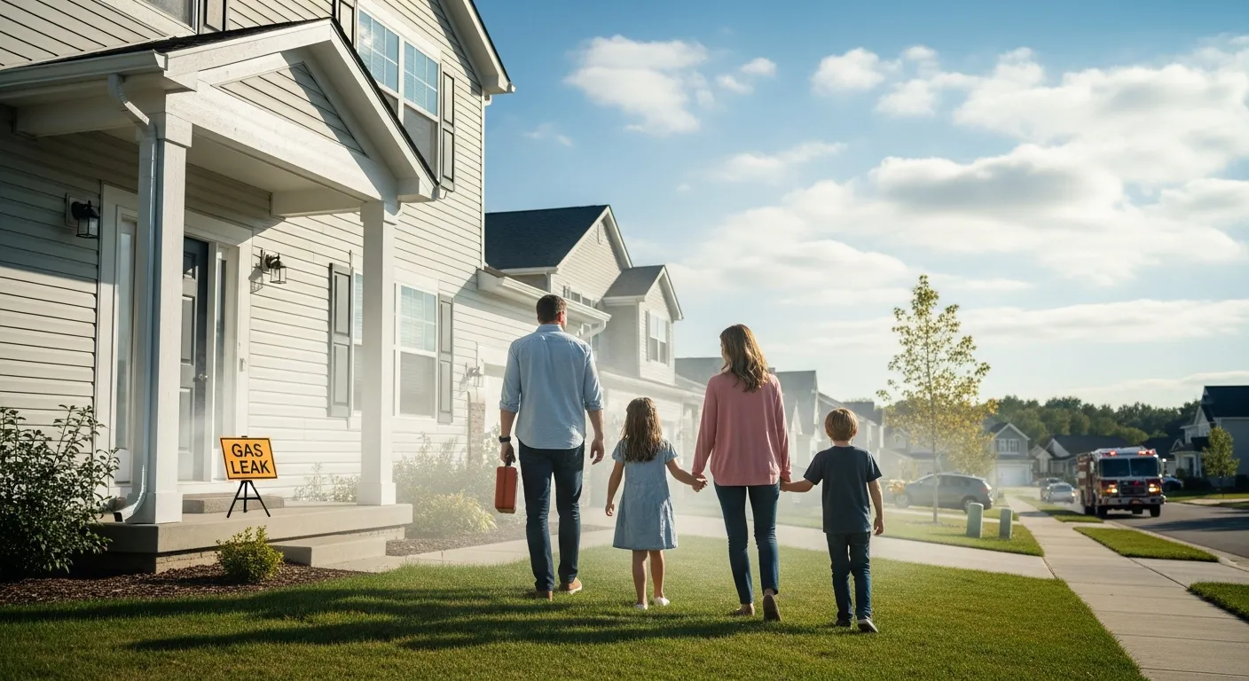 Family evacuating home safely during a gas leak emergency