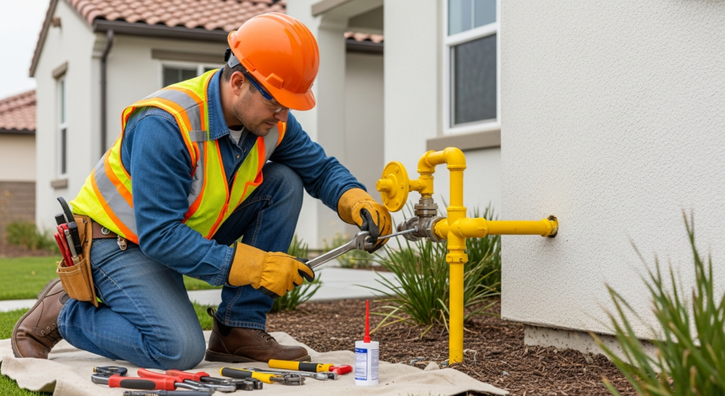 Licensed plumber performing gas line repair at a residential property