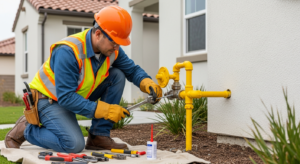 Licensed plumber performing gas line repair at a residential property