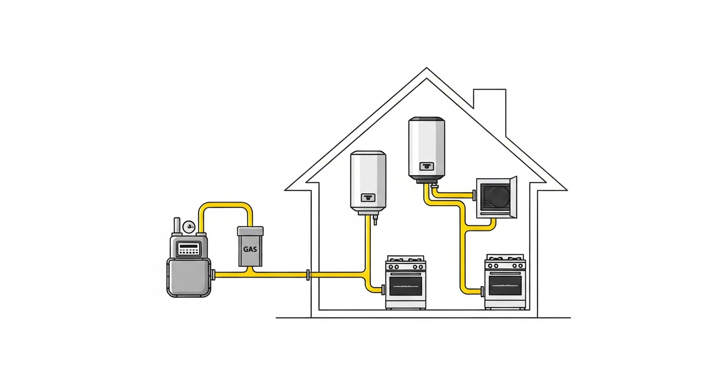Illustration showing a residential gas line system connecting meter to home appliances