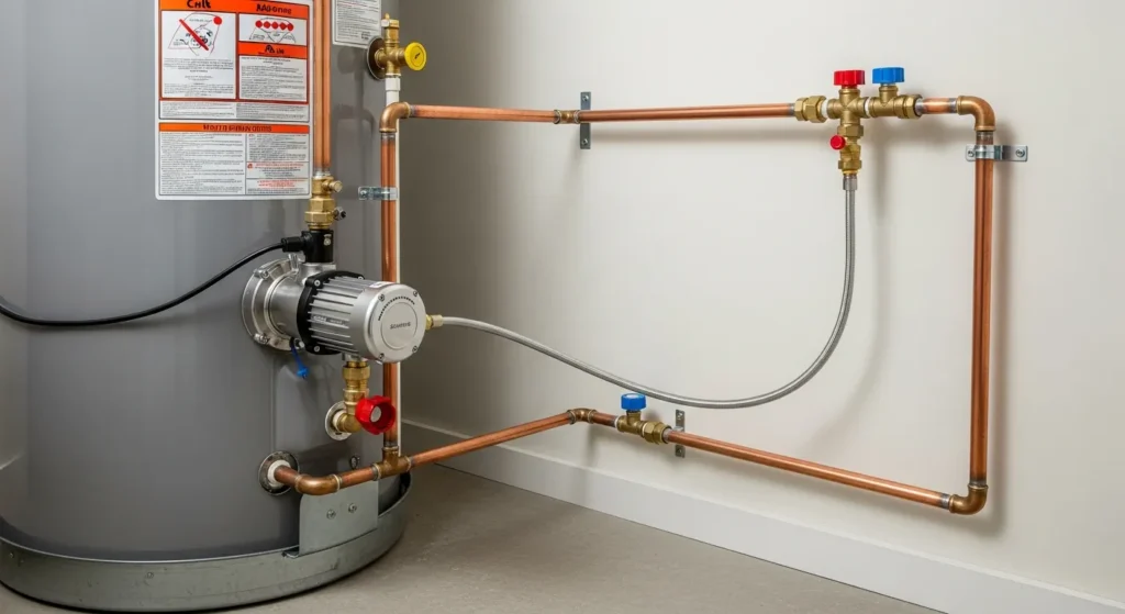Hot water recirculating pump installed on a residential water heater with copper pipe connections