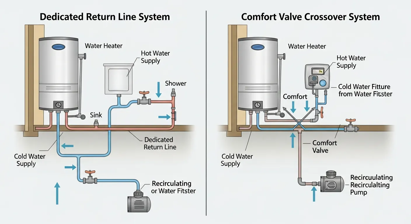 Comparison of hot water recirculating pump types showing dedicated return line and comfort valve crossover systems