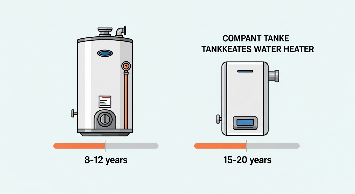 Tank vs tankless water heater lifespan comparison showing 8-12 years for tank and 15-20 years for tankless