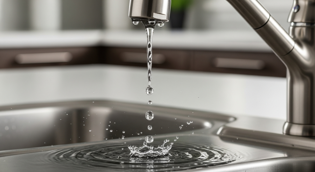 Close-up of a leaky kitchen faucet dripping water into a stainless steel sink