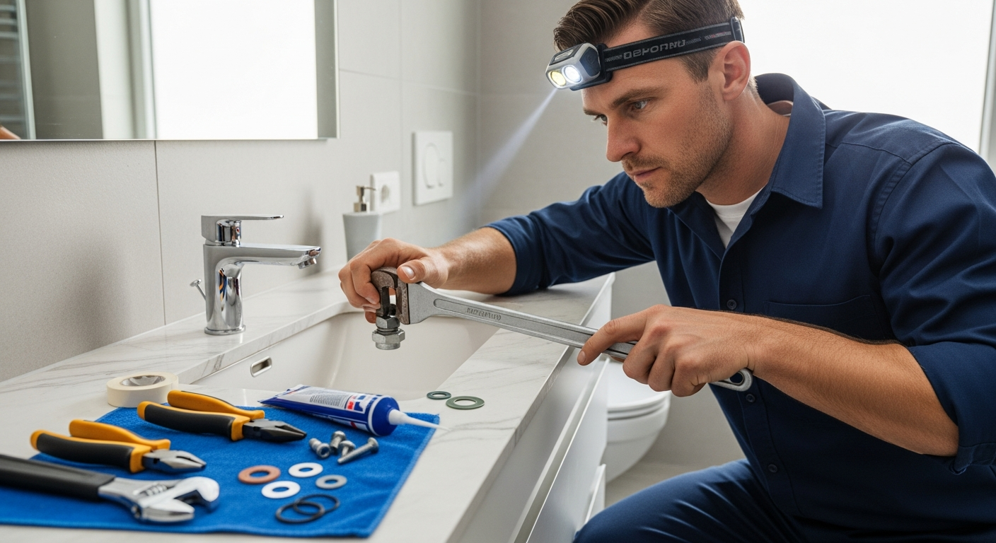 Plumber repairing a bathroom faucet with tools and replacement parts