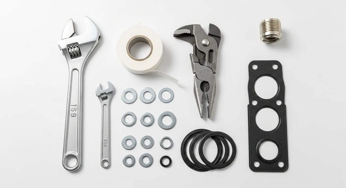Plumbing tools for fixing a leaky shower head including adjustable wrench, pliers, Teflon tape, and replacement washers