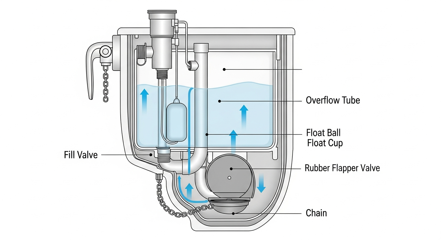 Diagram showing inside of a toilet tank with labeled parts including flapper, fill valve, float, overflow tube, and flush handle chain