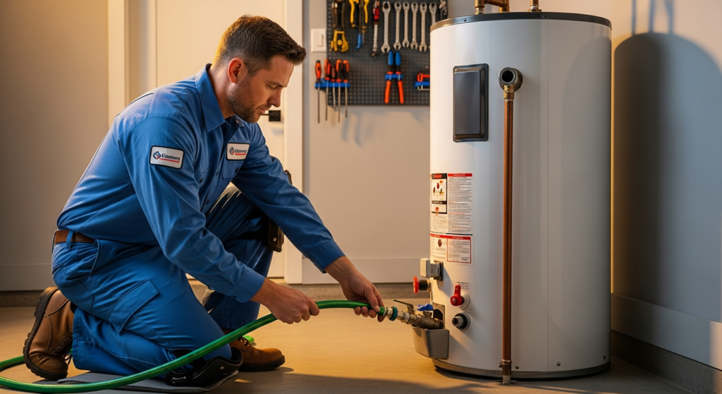 Professional plumber flushing a water heater by connecting a garden hose to the drain valve