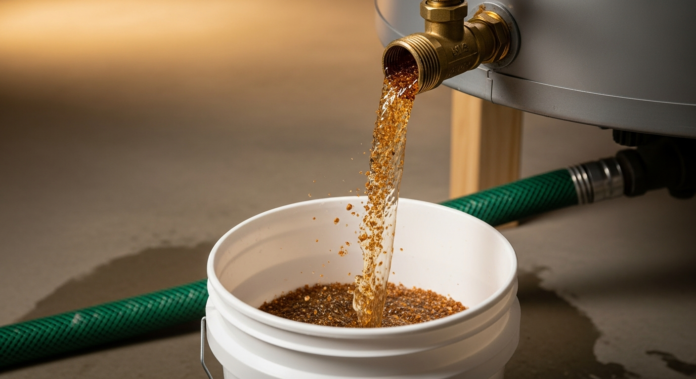 Sediment and mineral buildup draining from a water heater into a bucket during a flush