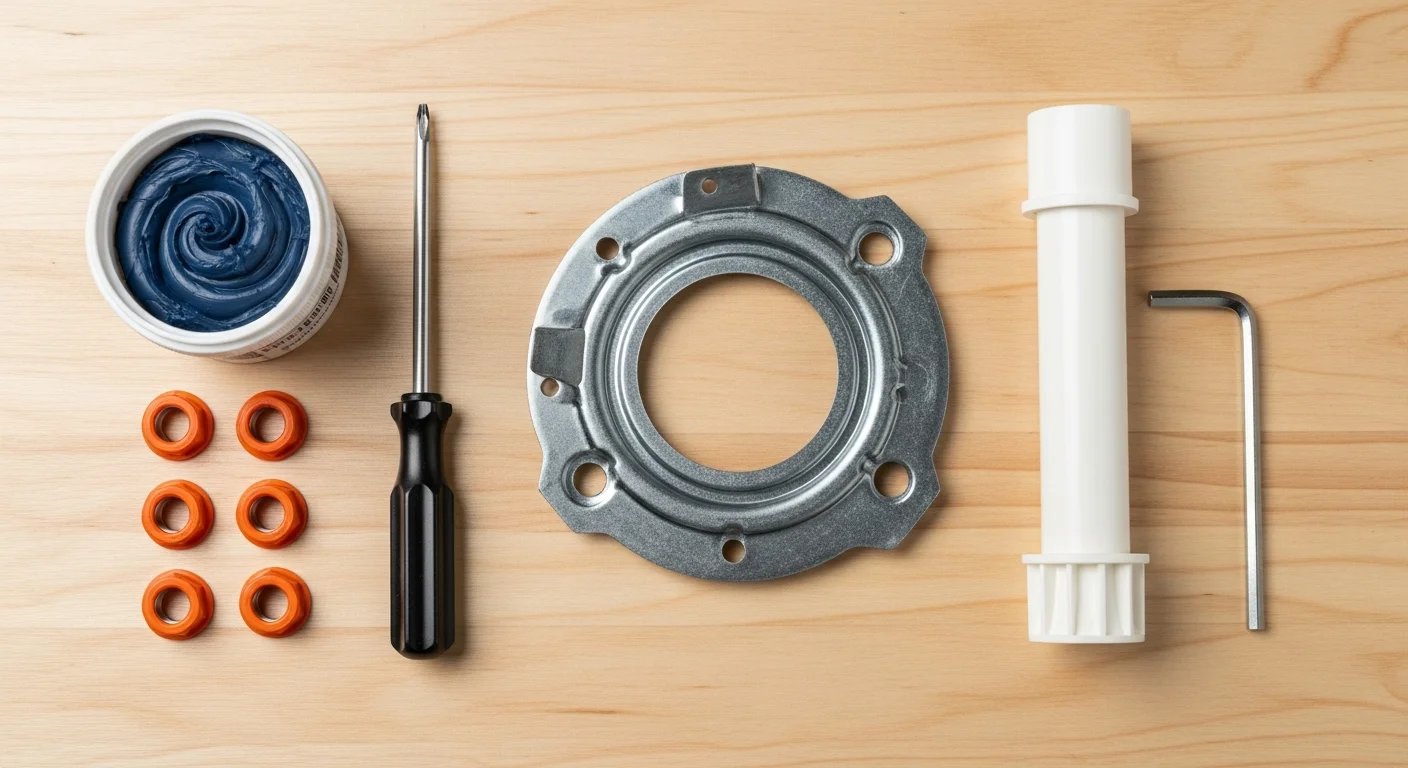 Tools and materials needed for garbage disposal installation including plumber's putty, screwdriver, wire nuts, and mounting hardware
