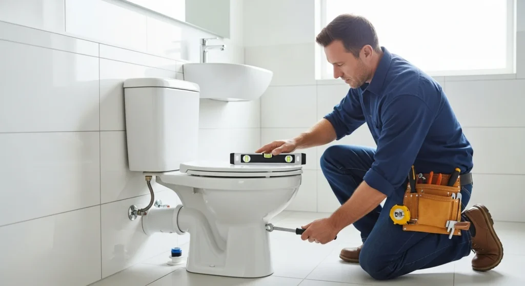 Professional plumber installing a new toilet in a modern bathroom, step-by-step toilet installation guide