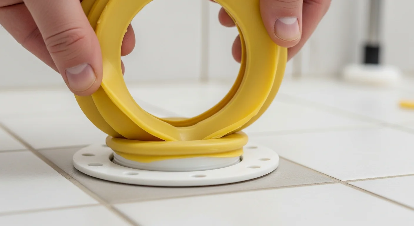 Wax ring being placed on a toilet flange during toilet replacement installation