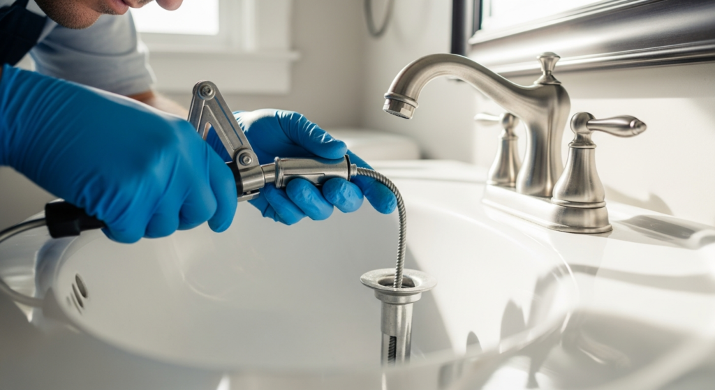 Professional plumber using a drain snake to clear a bathroom sink clog