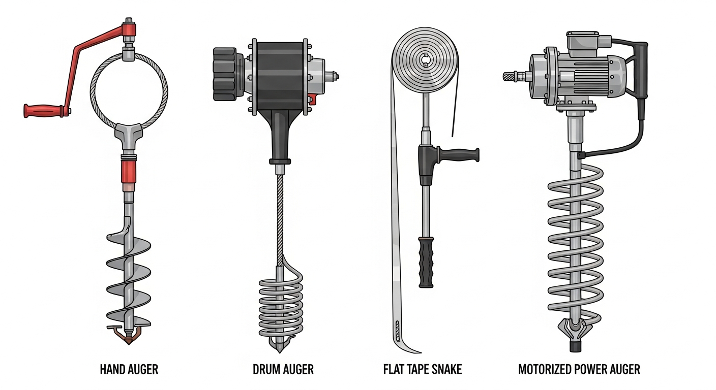 Comparison of drain snake types including hand auger, drum auger, flat tape, and power auger