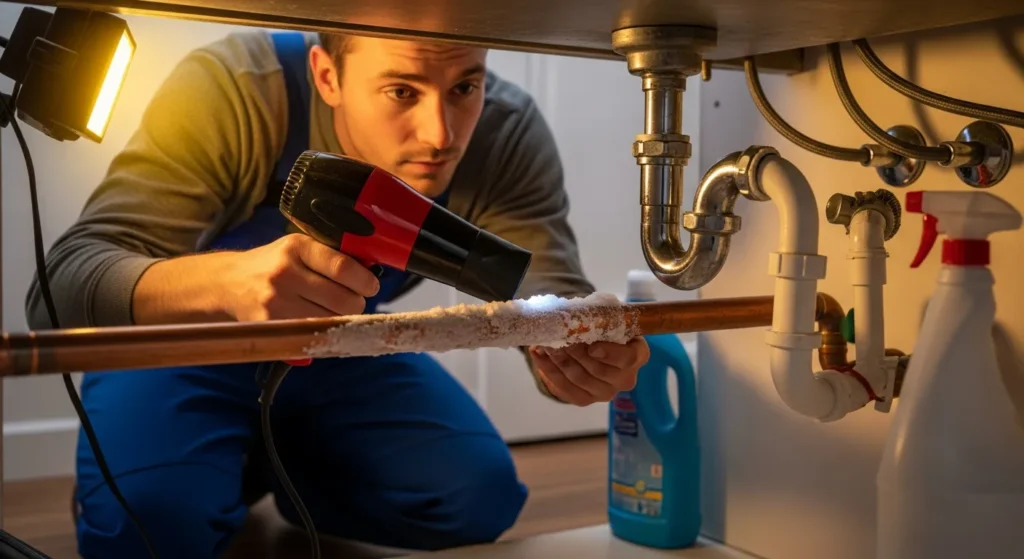 Plumber using a hair dryer to thaw frozen pipes under a kitchen sink